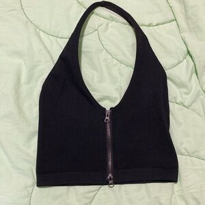 Black front zipper halter top